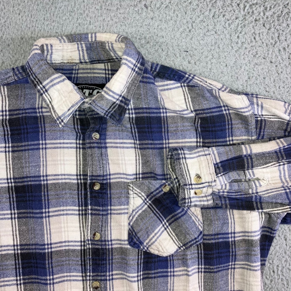 BTC Bay Trading Co Flannel Shirt Men XL Blue Plaid L/S Distressed Outdoor Rugged